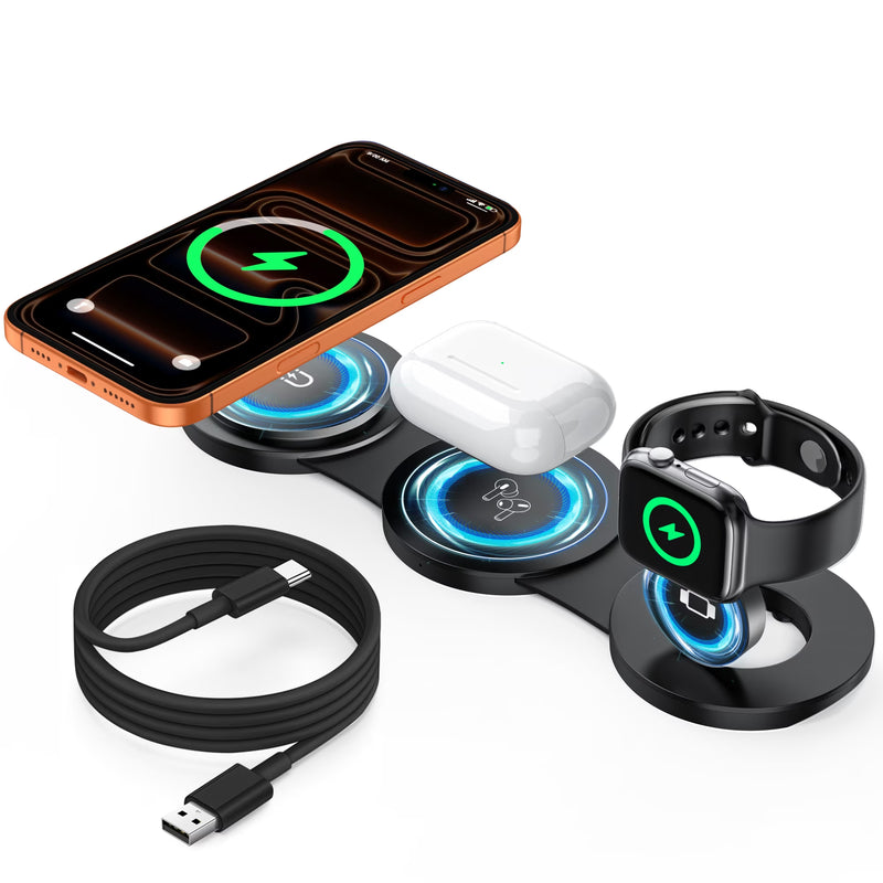 Wireless Charger for Iphone, 3 in 1 Charging Station for Apple Devices, Travel Magnetic Charger Stand for Iphone 17 16 15 14 13 12 Pro Max, Airpods 4/3/2/Pro, Apple Watch 3-10
