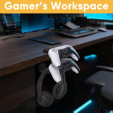 3 in 1 under Desk Headphone Hanger with Adjustable Clamp Mount, 2 Controller Slots & 1 Headset Universal Holder Stand, Rotatable Hook Rack & Cable Organizer, for Home Gaming Xbox Ps5 - Black